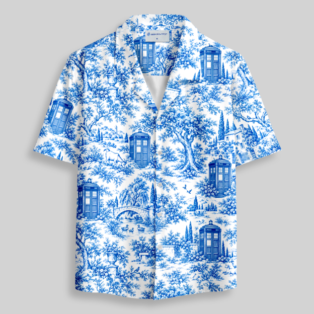 Blue Toile Fantasy Village Kiosk Button Up Pocket Shirt