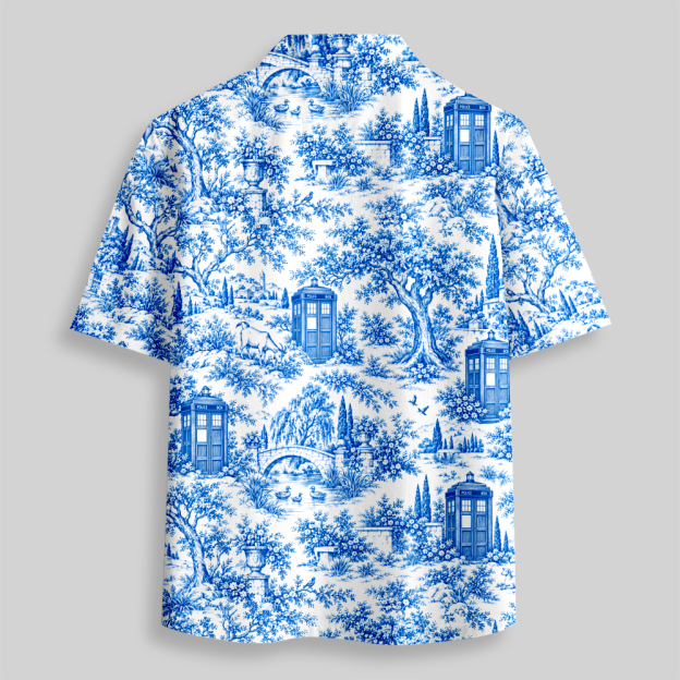 Blue Toile Fantasy Village Kiosk Button Up Pocket Shirt