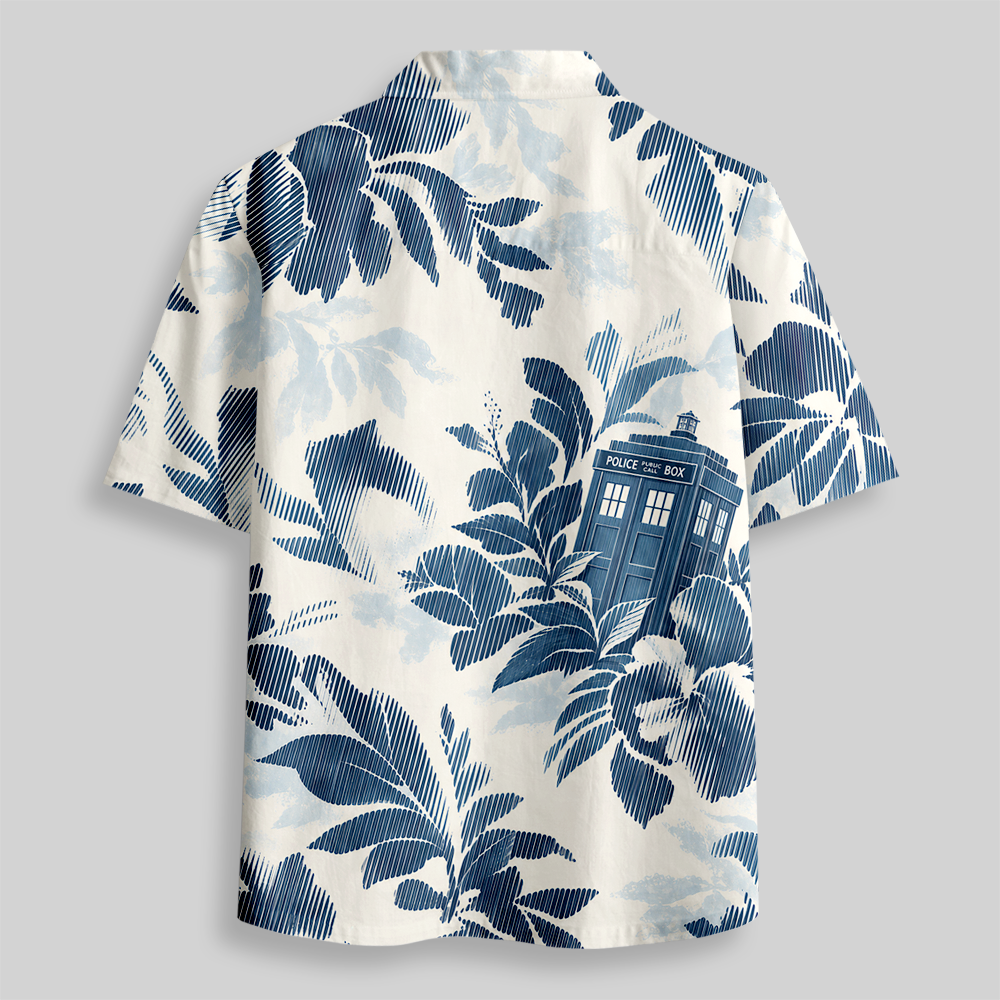 Blue Vintage Toile Fantasy Building Botanical Button Up Pocket Shirt