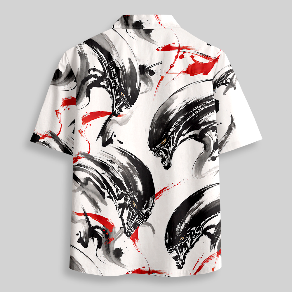 Sumi-E Ink Mythical Beast Fantasy Button Up Pocket Shirt
