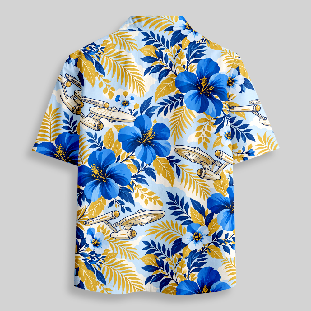 Tropical Hibiscus Space Craft Sci-Fi Button Up Pocket Shirt