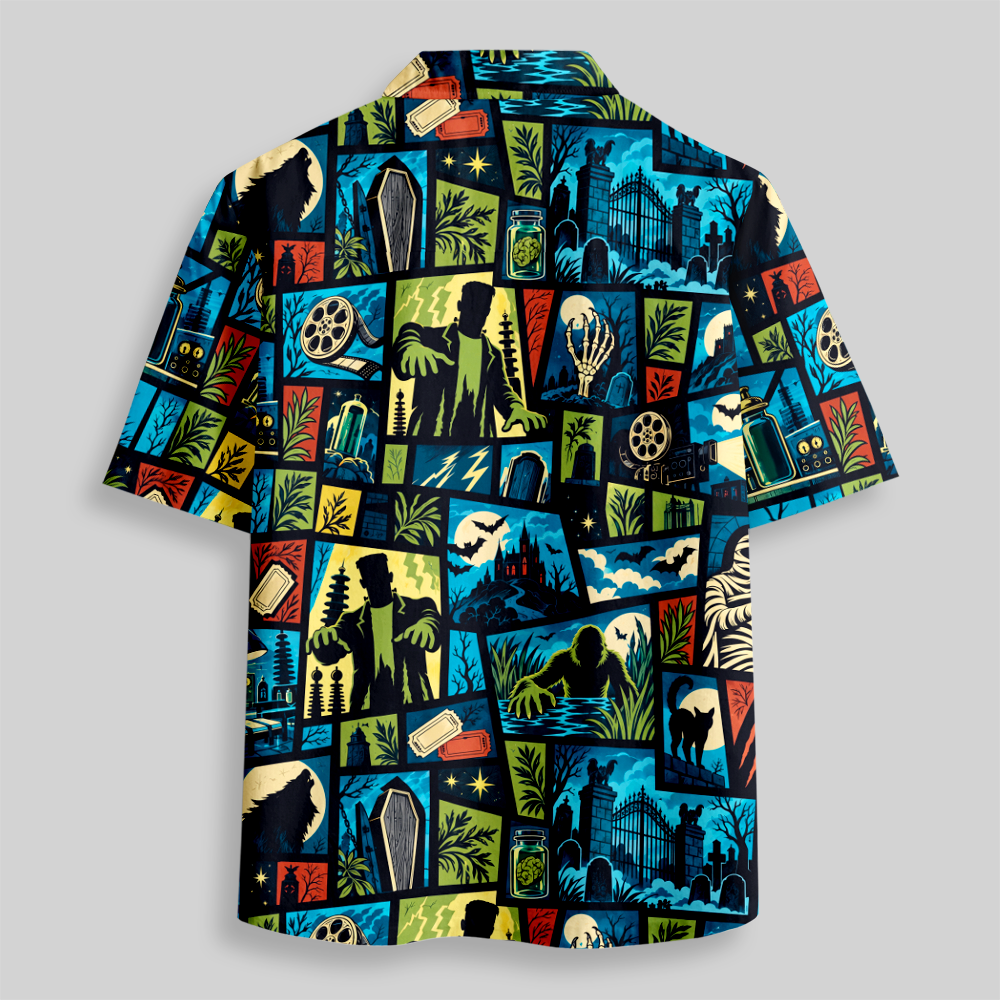 Comic Horror Creature Collage Button Up Pocket Shirt