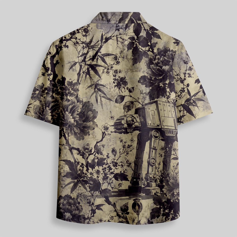 Ink Floral Robot Sci-Fi Button Up Pocket Shirt
