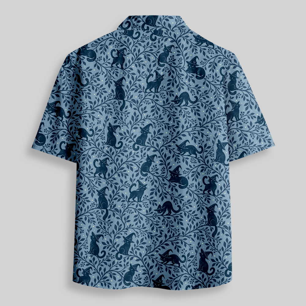 Woodland Witch Blackcat Fantasy Button Up Pocket Shirt