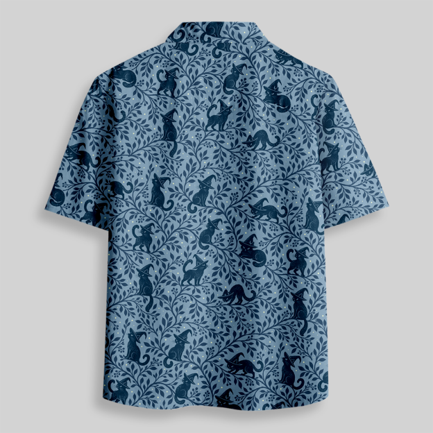 Woodland Witch Blackcat Fantasy Button Up Pocket Shirt