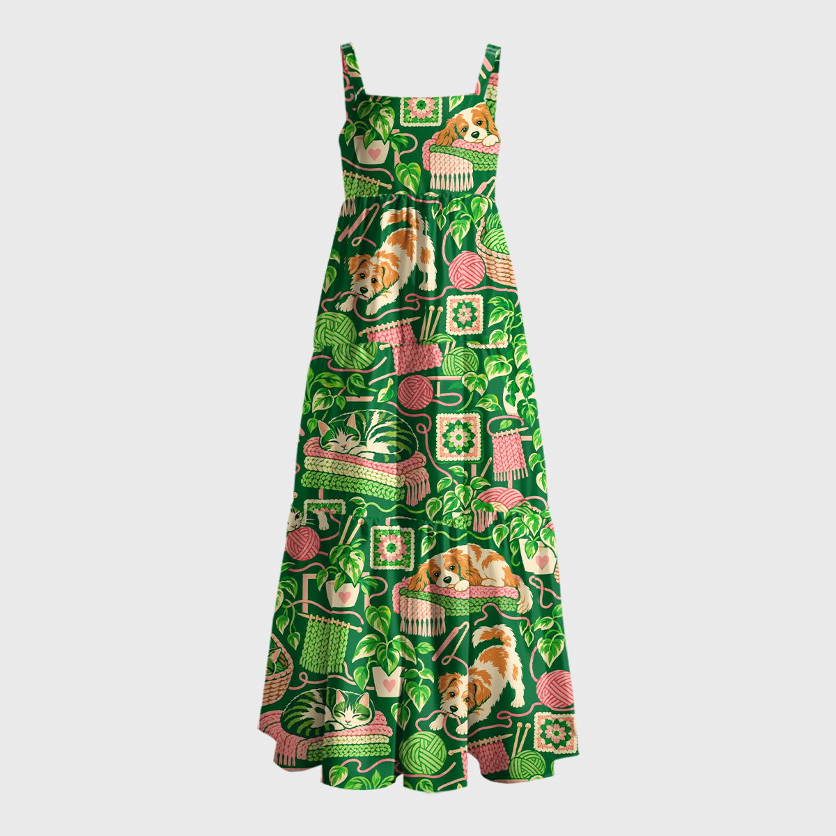 Cozy Knitting & Cottage Pets Geek Tiered Cami Maxi Dress