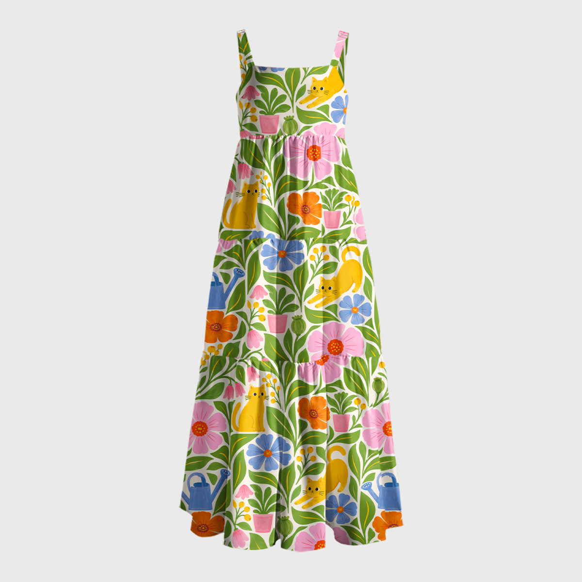 Ginger Cats & Garden Flowers Geek Tiered Cami Maxi Dress