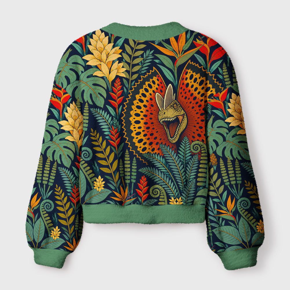 Dilophosaurus Tropical Rainforest Geek Women's Cropped Cardigan-Sweater
