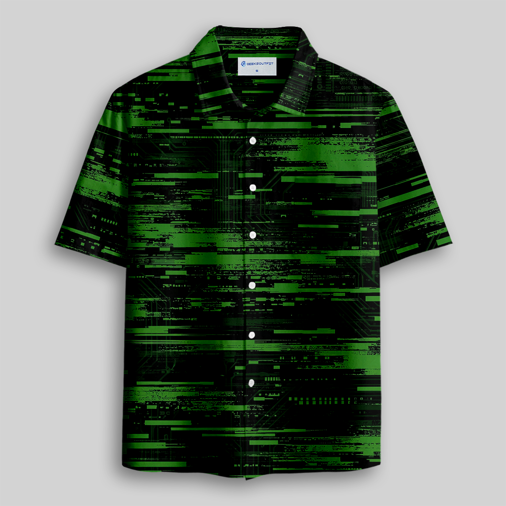 Cyber Glitch Circuit Data Stream Pattern Button Up Pocket Shirt