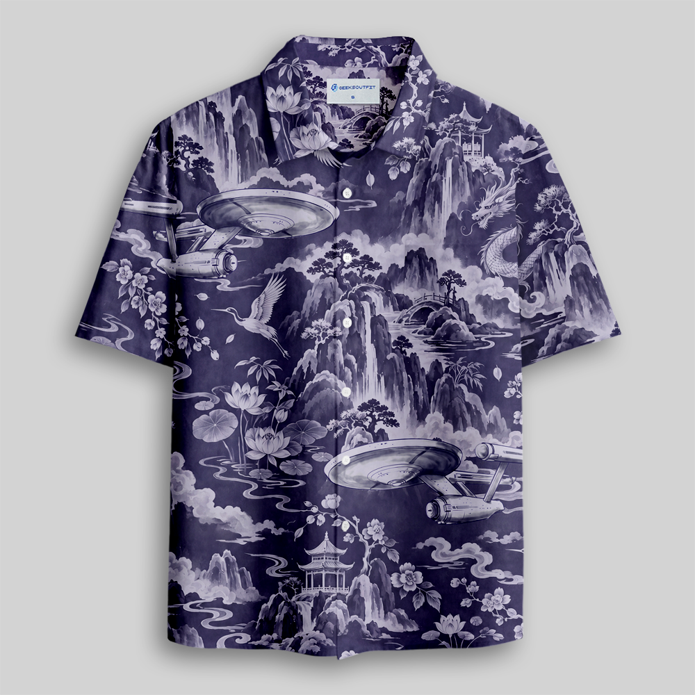 Oriental Mountain Retro Spaceship Fusion Button Up Pocket Shirt