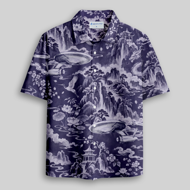 Oriental Mountain Retro Spaceship Fusion Button Up Pocket Shirt