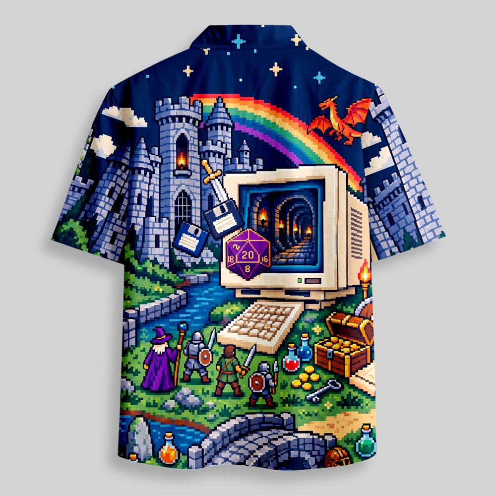 Pixel Fantasy Adventure Nerd Art Button Up Pocket Shirt