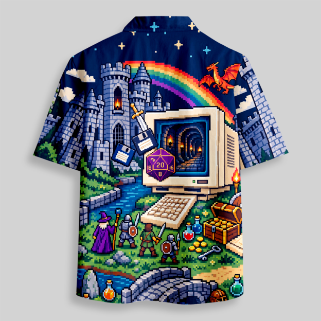 Pixel Fantasy Adventure Nerd Art Button Up Pocket Shirt