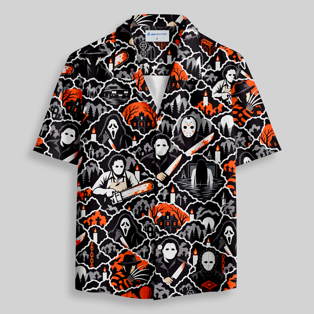 Spooky Halloween Horror Sticker Collage Seamless Button Up Pocket Shirt
