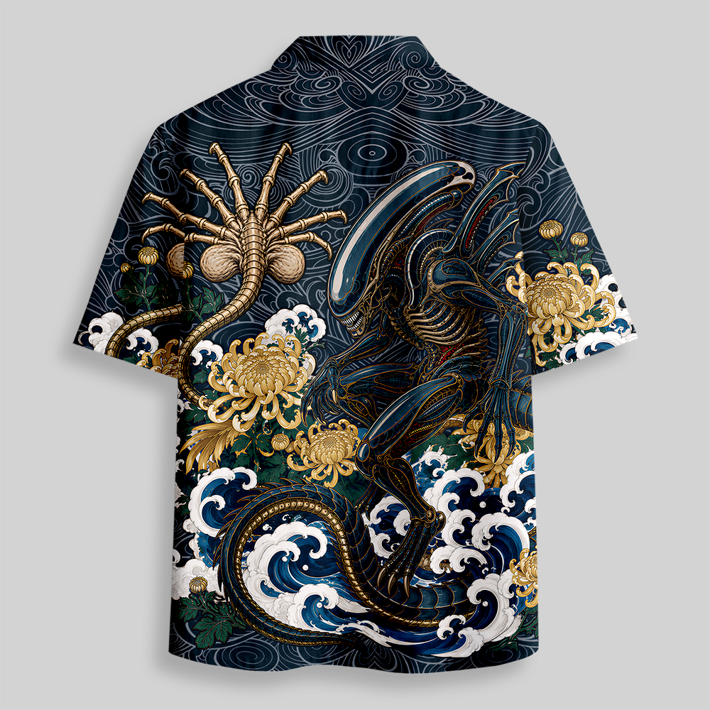 Japanese Wave Alien Beast Chrysanthemum Button Up Pocket Shirt