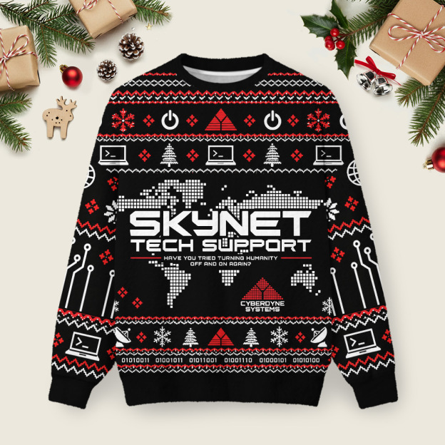 Skynet Tech Support Cyberdyne Systems Ugly Christmas Fuzzy Fleece Sweatshirt