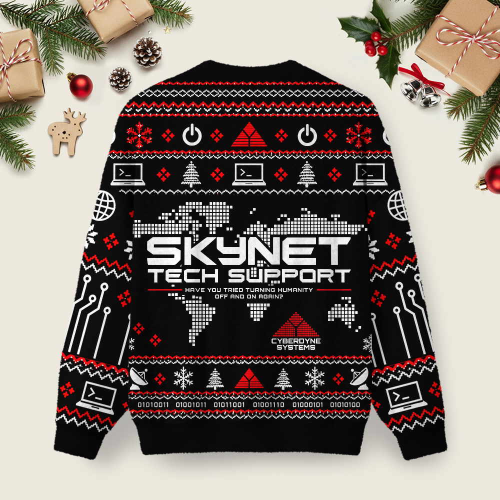 Skynet Tech Support Cyberdyne Systems Ugly Christmas Fuzzy Fleece Sweatshirt