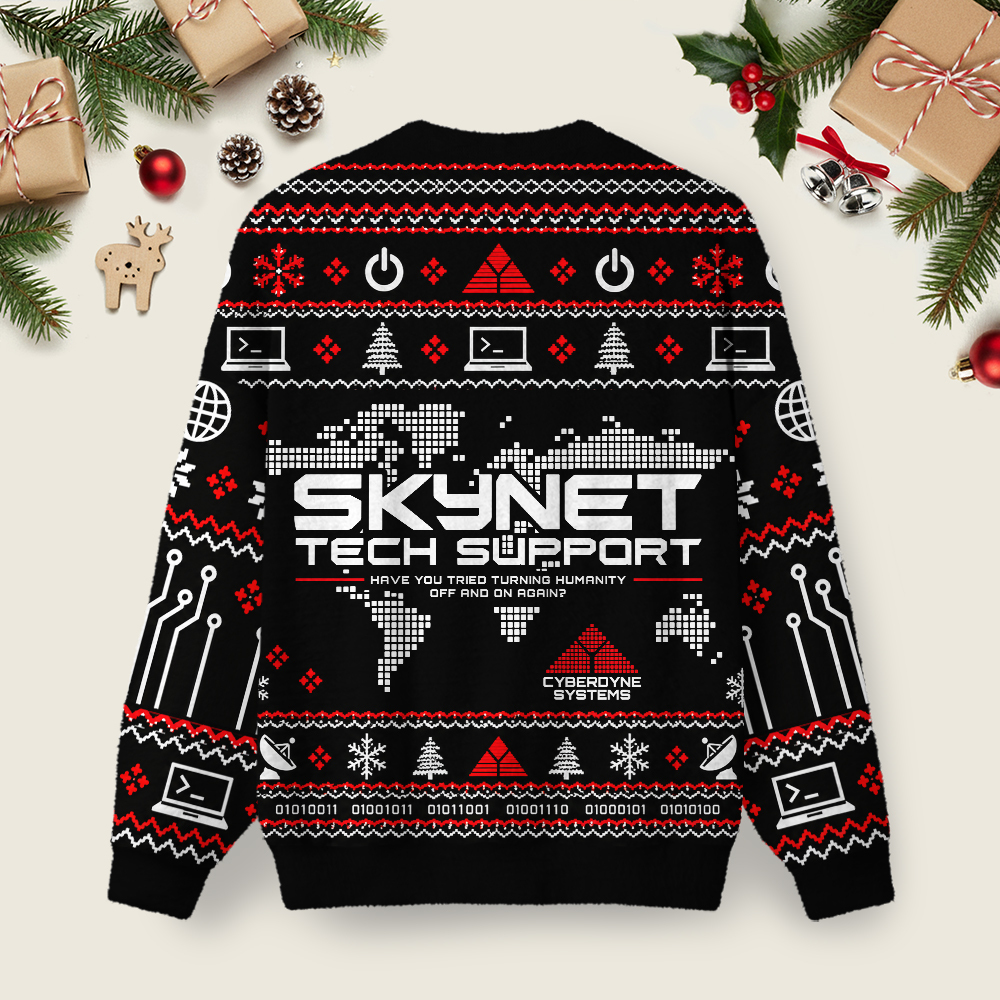 Skynet Tech Support Cyberdyne Systems Ugly Christmas Fuzzy Fleece Sweatshirt