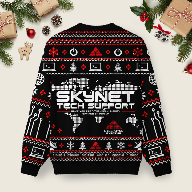 Skynet Tech Support Cyberdyne Systems Ugly Christmas Fuzzy Fleece Sweatshirt