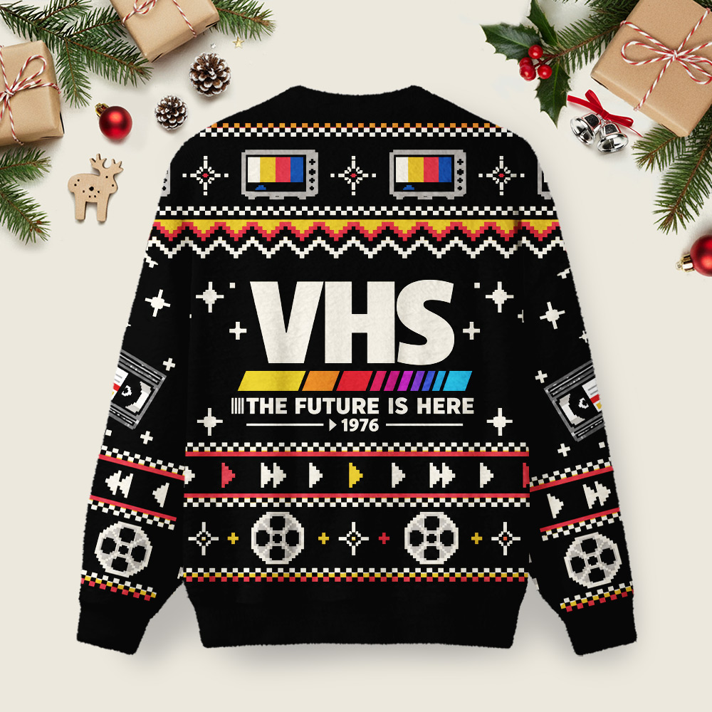 VHS The Future Is Here Ugly Christmas Fuzzy Fleece Sweatshirt