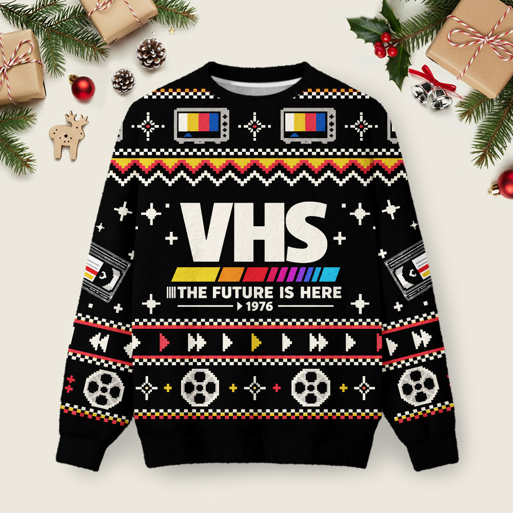 VHS The Future Is Here Ugly Christmas Fuzzy Fleece Sweatshirt