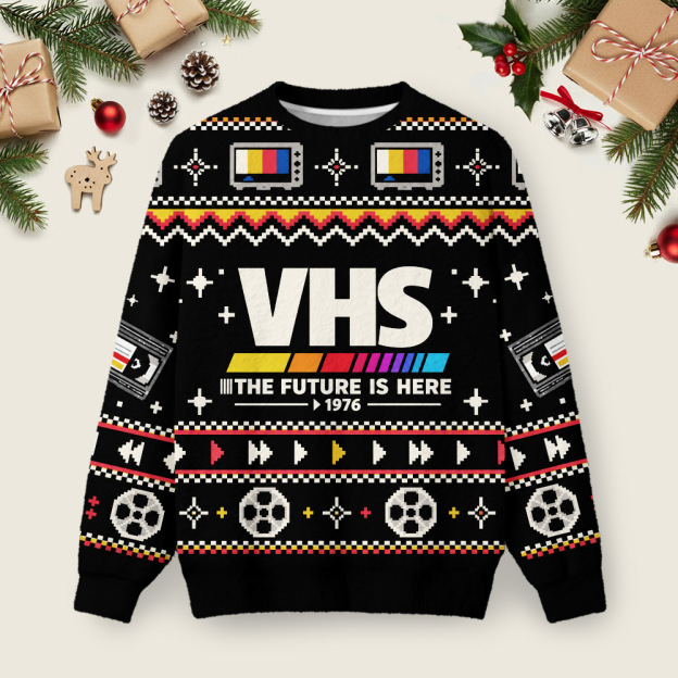 VHS The Future Is Here Ugly Christmas Fuzzy Fleece Sweatshirt