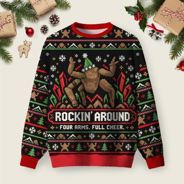 Rockin' Around Bigfoot Ugly Christmas Fuzzy Fleece Sweatshirt