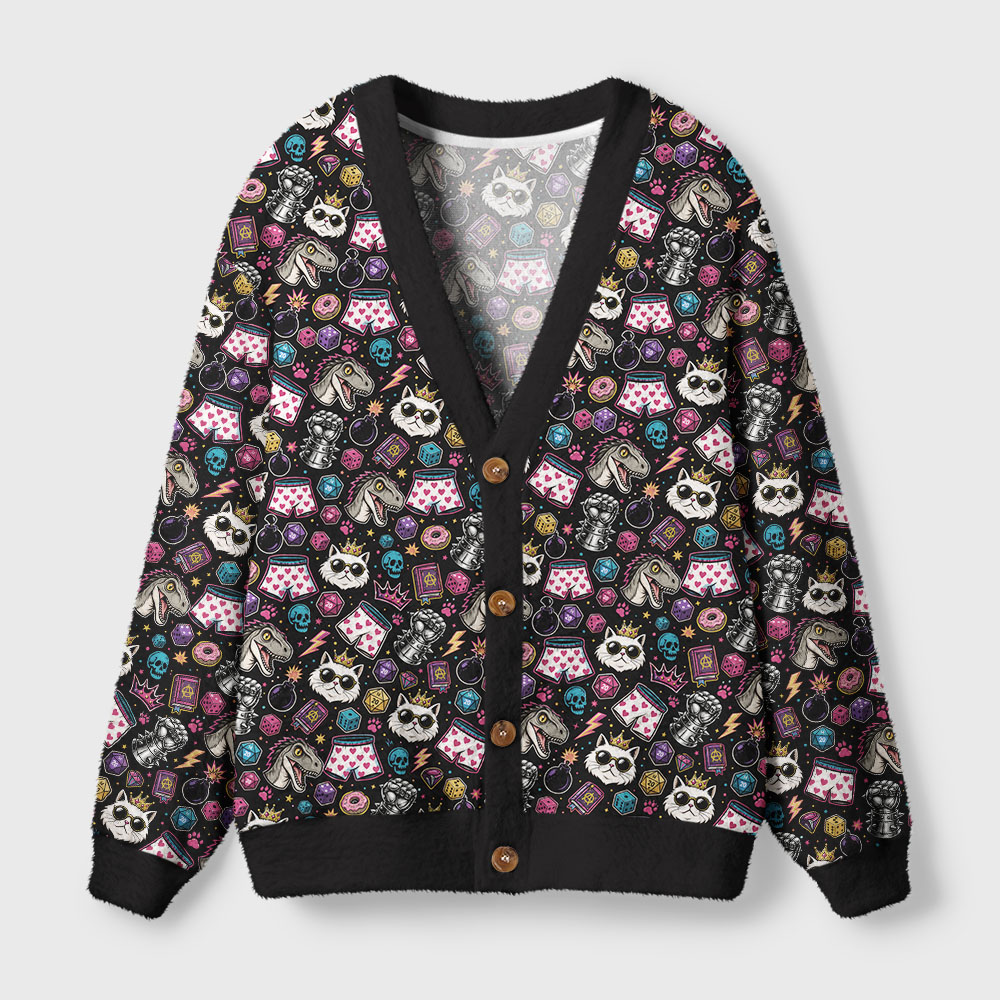 Fantasy Party Dice & Creature Pattern Geek Ugly Cardigan Sweaters