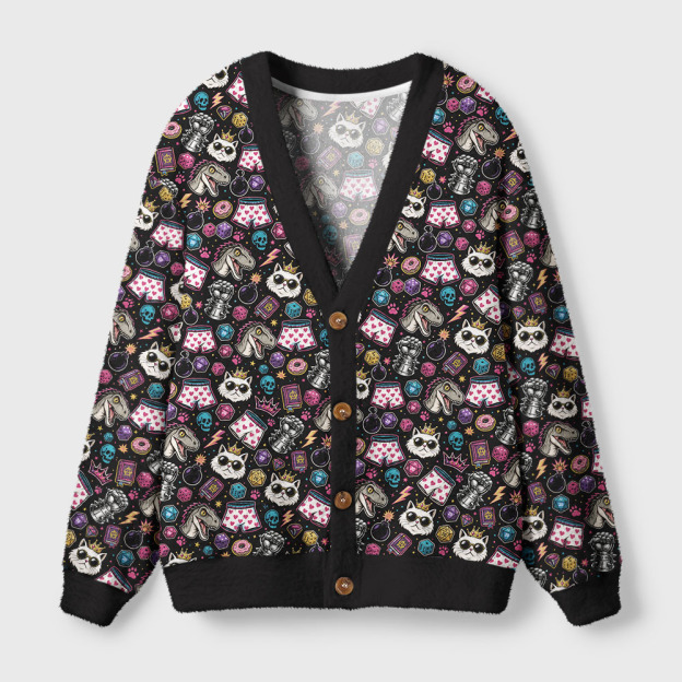 Fantasy Party Dice & Creature Pattern Geek Ugly Cardigan Sweaters