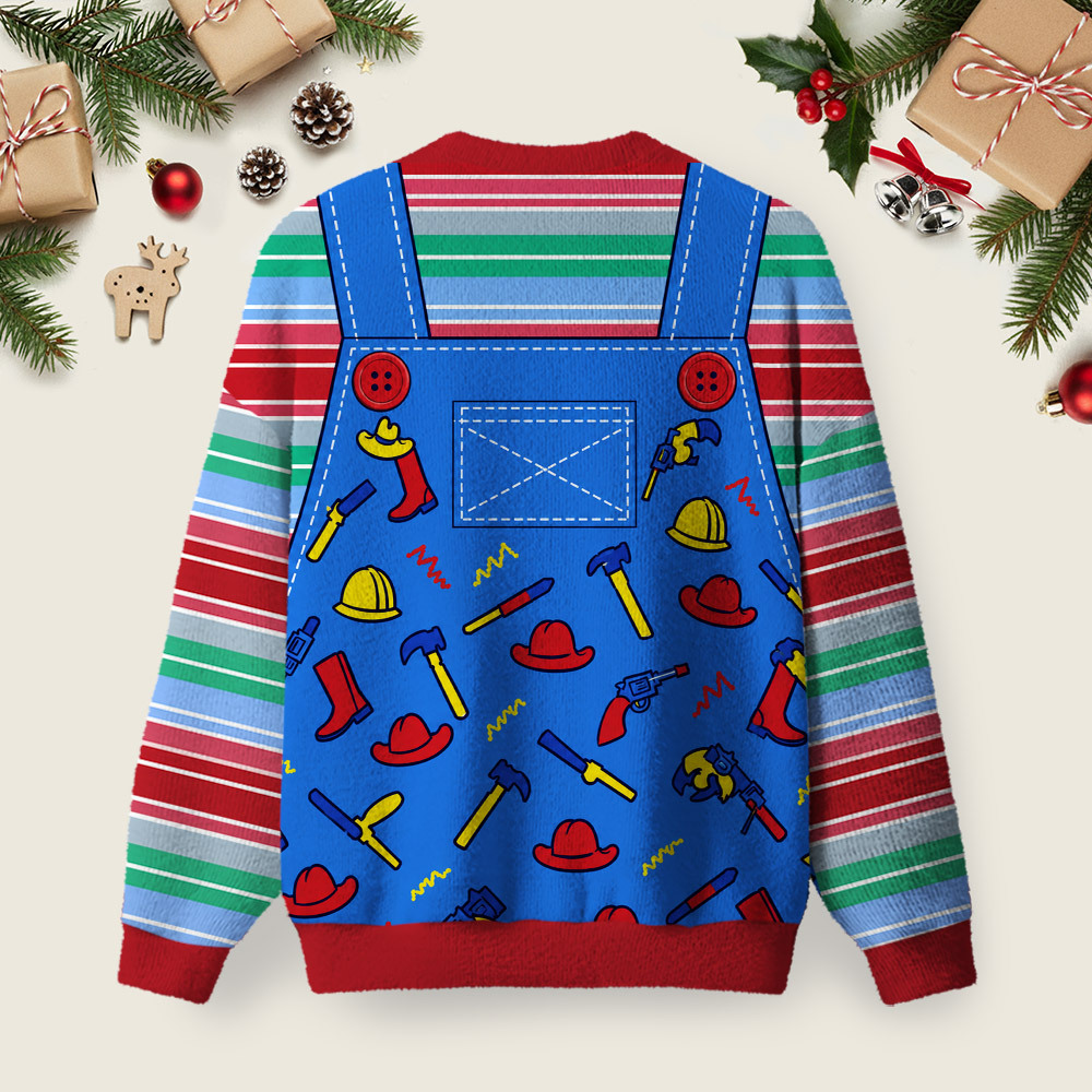 Retro 80s Horror Movie Good Guys Overalls Pattern Ugly Christmas Fuzzy Fleece Sweatshirt