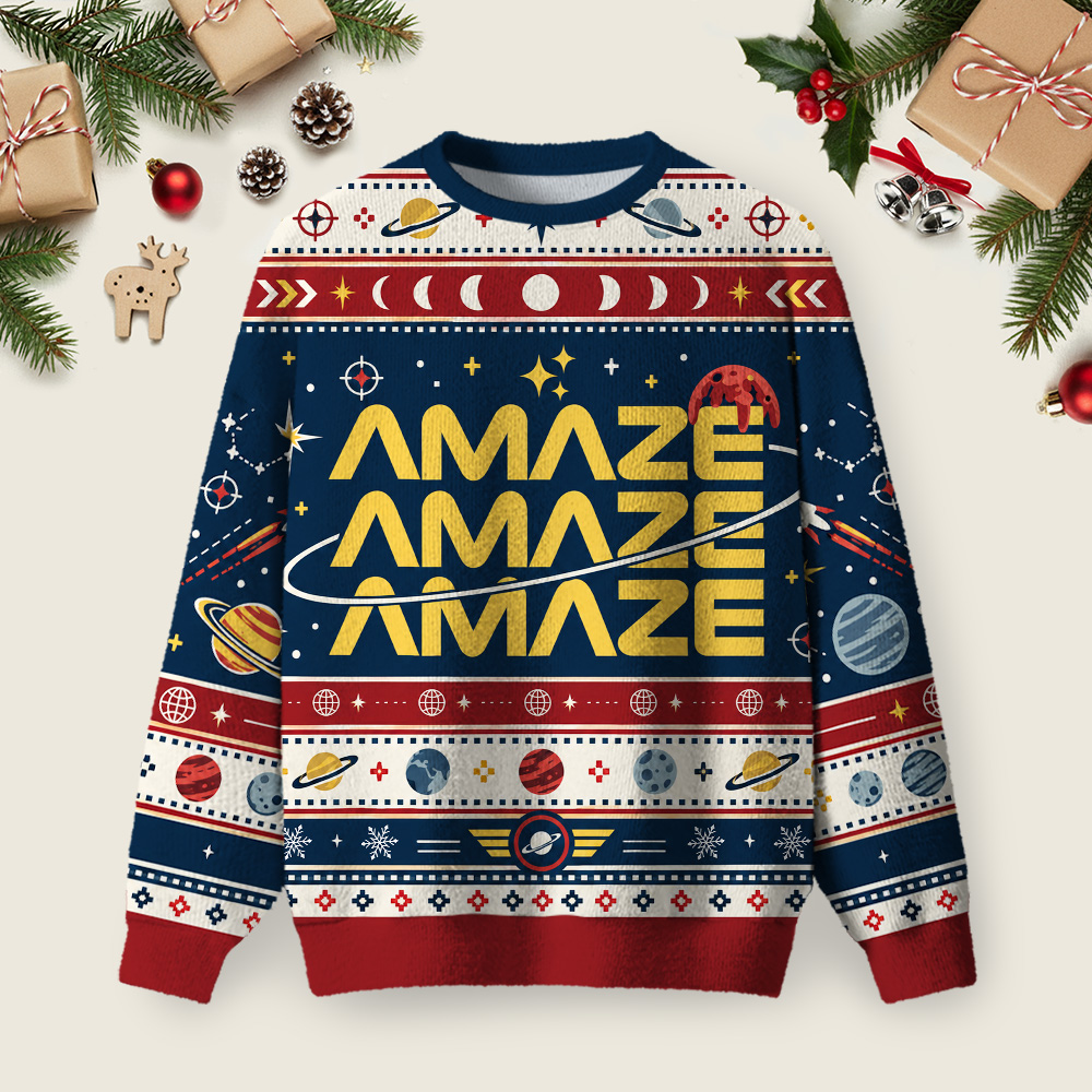 Amaze Amaze Amaze Space Sci-Fi Ugly Christmas Fuzzy Fleece Sweatshirt