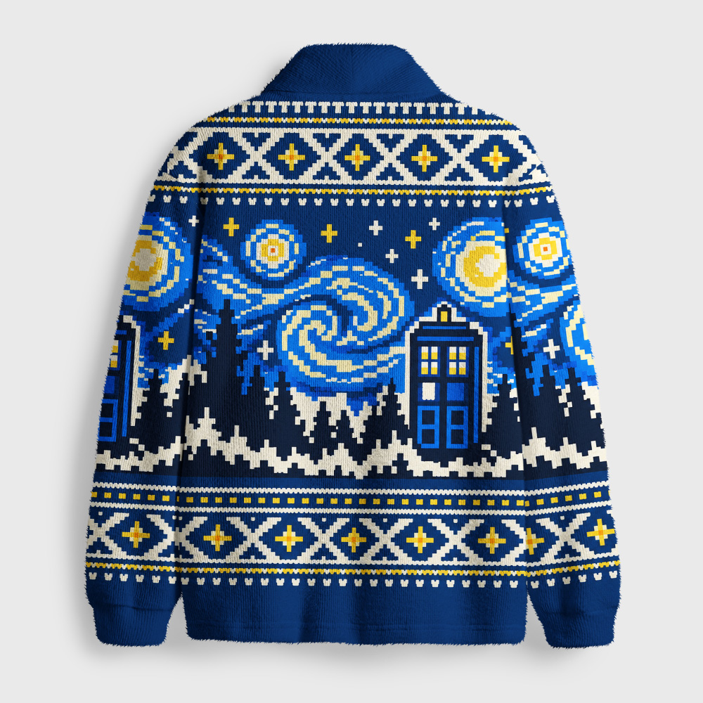 Starry Night Blue Police Box Vintage Geek Shawl Collar Cardigan