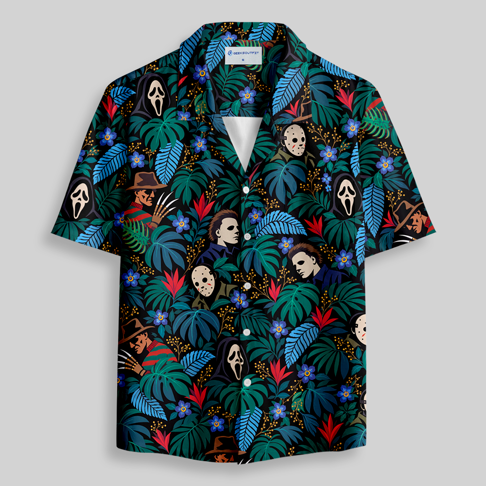 Tropical Horror Mask Graffiti Button Up Pocket Shirt