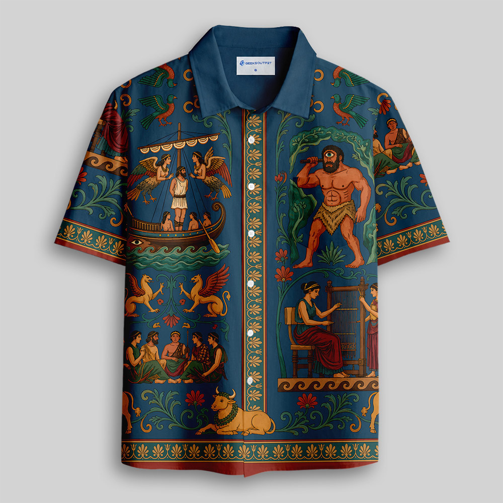 Ancient Greek Odyssey Mythology Button Up Pocket Shirt