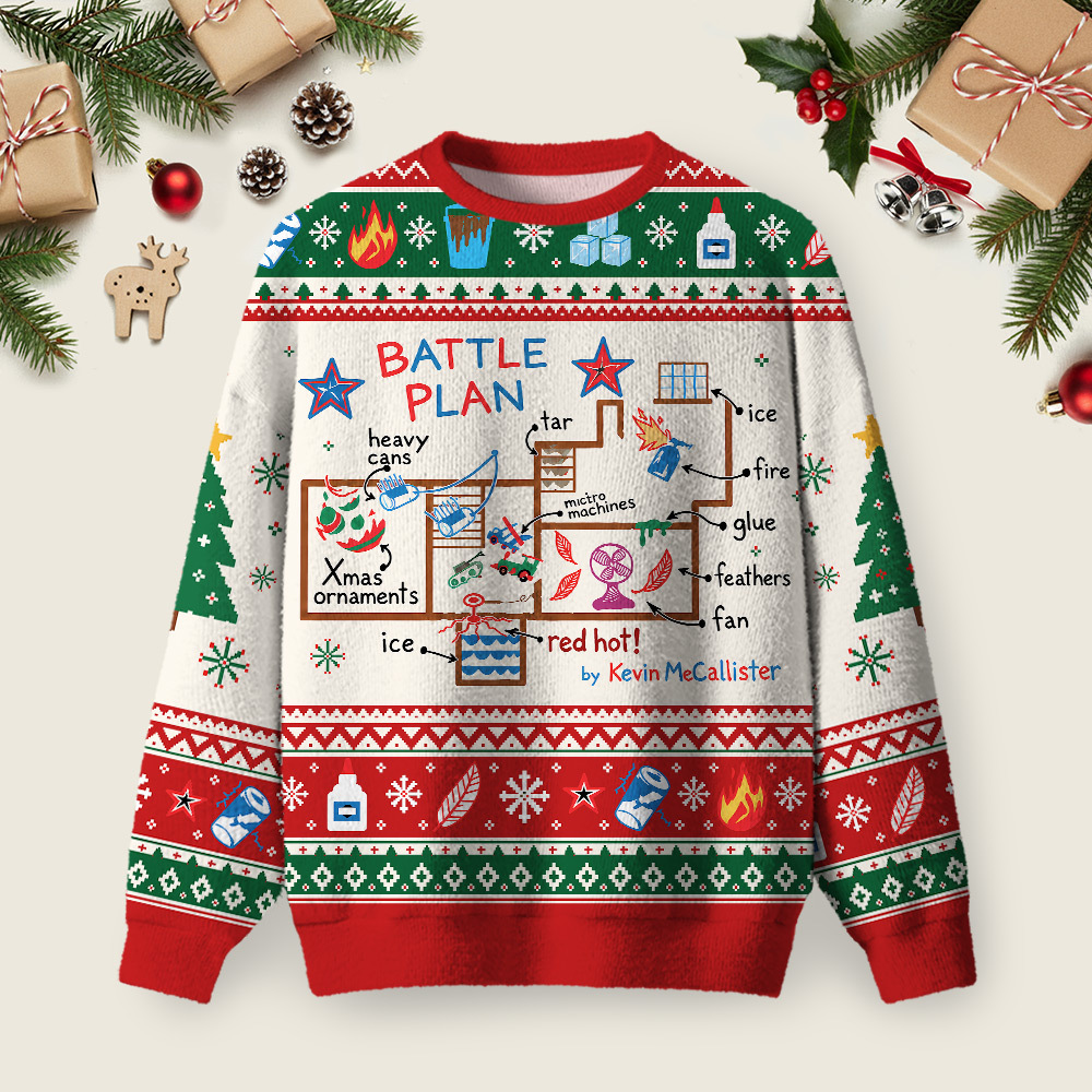Home Defense Battle Plan Blueprint Ugly Christmas Fuzzy Fleece Sweatshirt