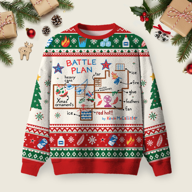 Home Defense Battle Plan Blueprint Ugly Christmas Fuzzy Fleece Sweatshirt