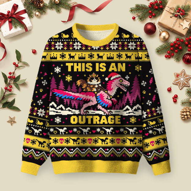 Funny Dino Rider Holiday Ugly Christmas Fuzzy Fleece Sweatshirt