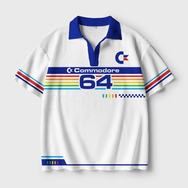 Commodore 64 Retro Stripe Geek Crochet Polo Shirt