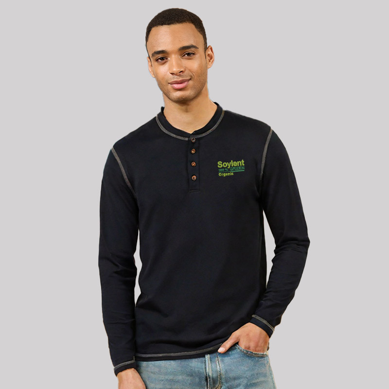 Soylent Green Geek Embroidered Long Sleeve Henley Shirts
