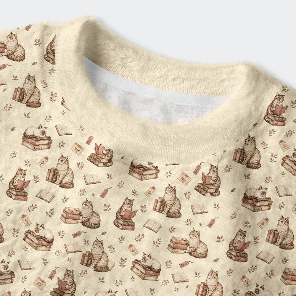 The Bookish Cat Library Geek Women's Fuzzy Fleece Cropped Sweater