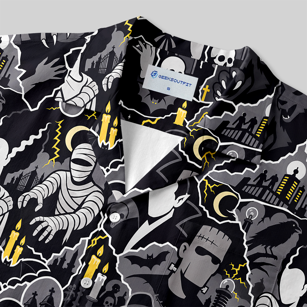 Classic Spooky Monster Collage All‑Over Button Up Pocket Shirt