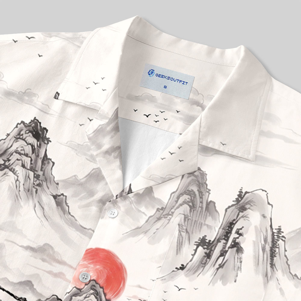 Pixel art Ink-wash Sunset Button Up Pocket Shirt
