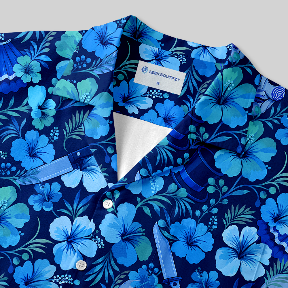 Spooky Tropical Hibiscus Killer‑Mask All‑Over Button Up Pocket Shirt