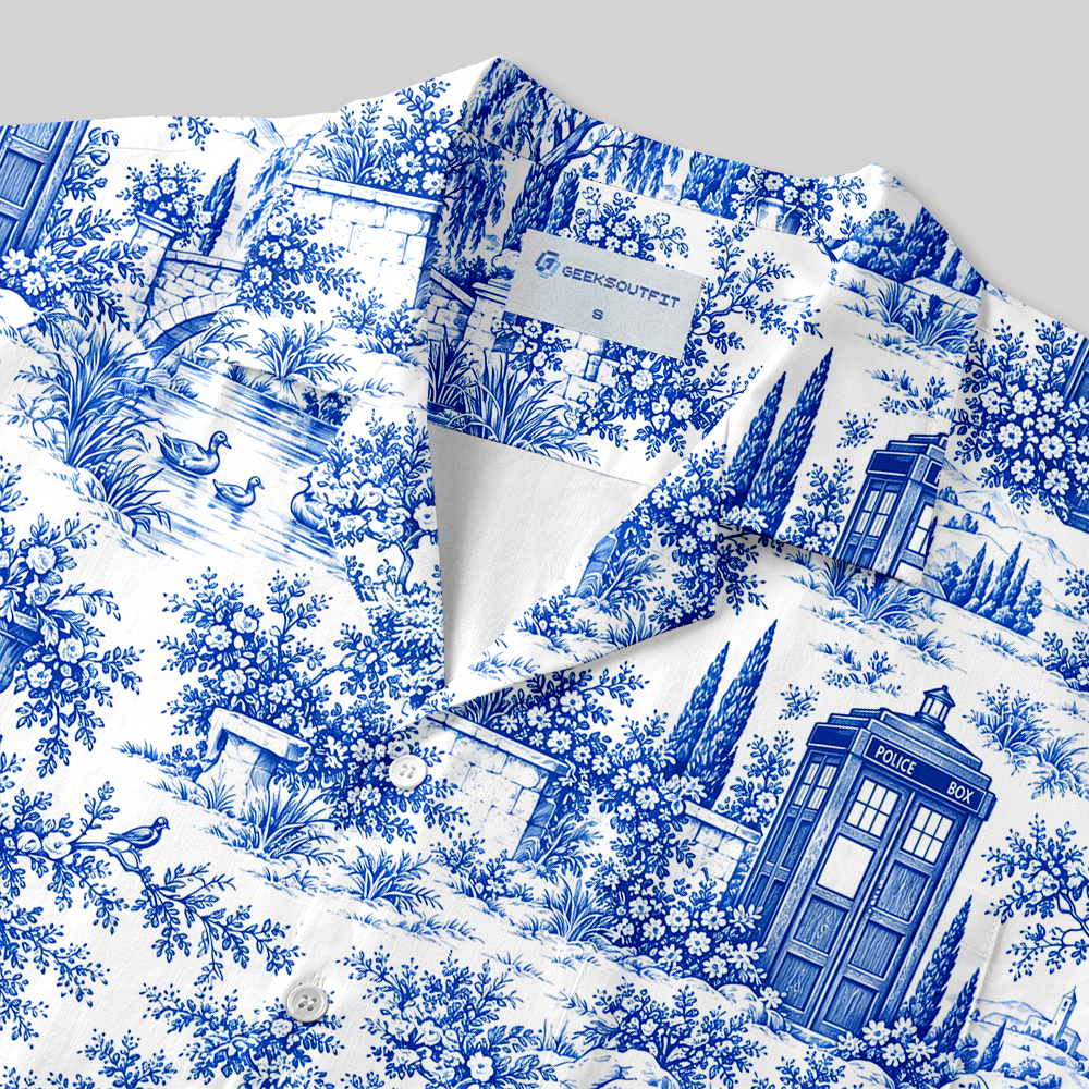 Blue Toile Fantasy Village Kiosk Button Up Pocket Shirt