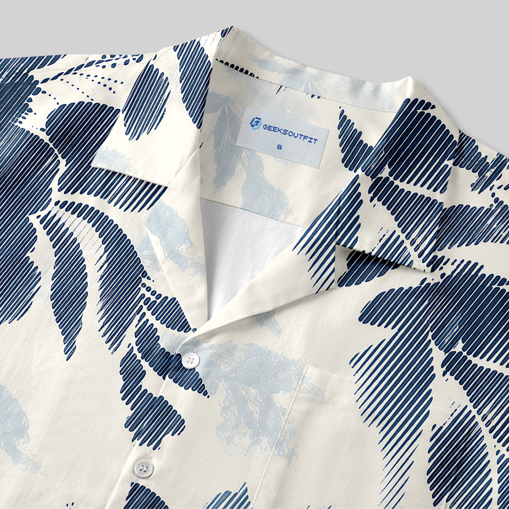 Blue Vintage Toile Fantasy Building Botanical Button Up Pocket Shirt
