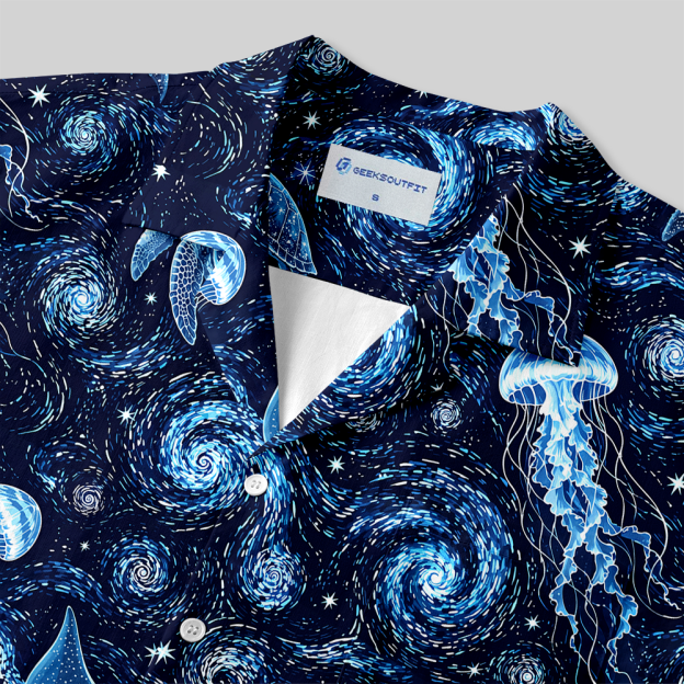 Cosmic Ocean Galaxy Sea Creatures Button Up Pocket Shirt