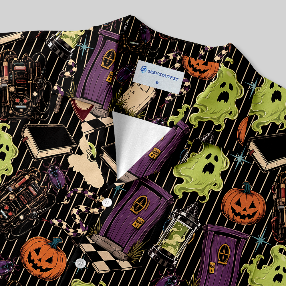 Gothic Halloween Spooky Curiosities Button Up Pocket Shirt