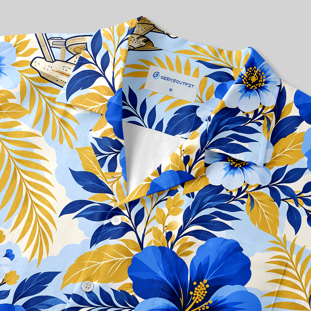 Tropical Hibiscus Space Craft Sci-Fi Button Up Pocket Shirt