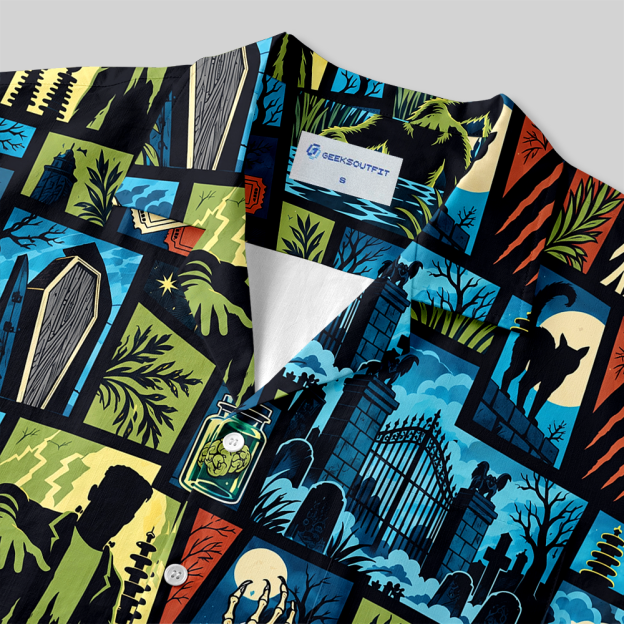 Comic Horror Creature Collage Button Up Pocket Shirt