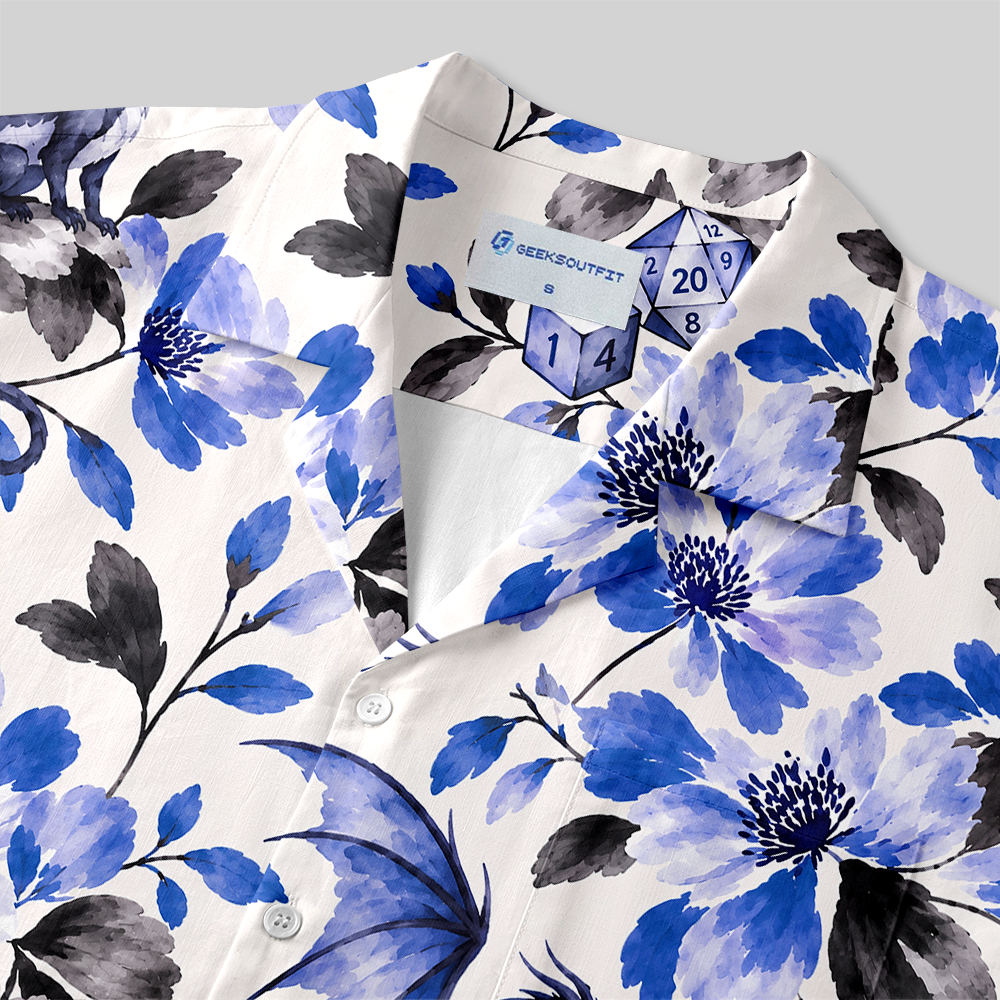 Watercolor Floral Dragon Polyhedral Dice Button Up Pocket Shirt